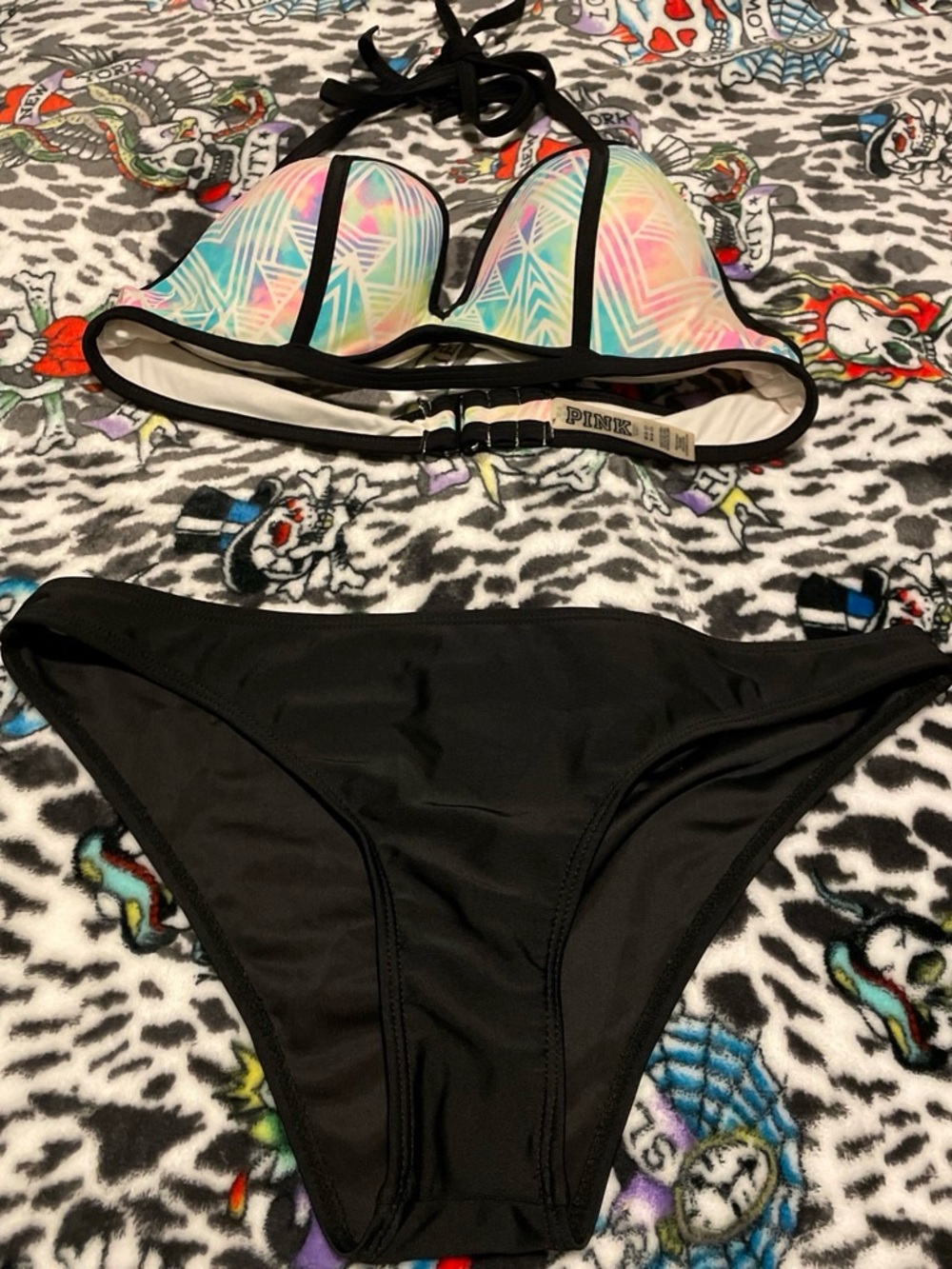 PINK Victoria's Secret Neon Geo Push-Up Bikini Top & Black Bottoms